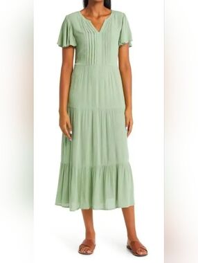 beachlunchlounge Sage Green Tiered Pintuck V-Neck Midi Dress